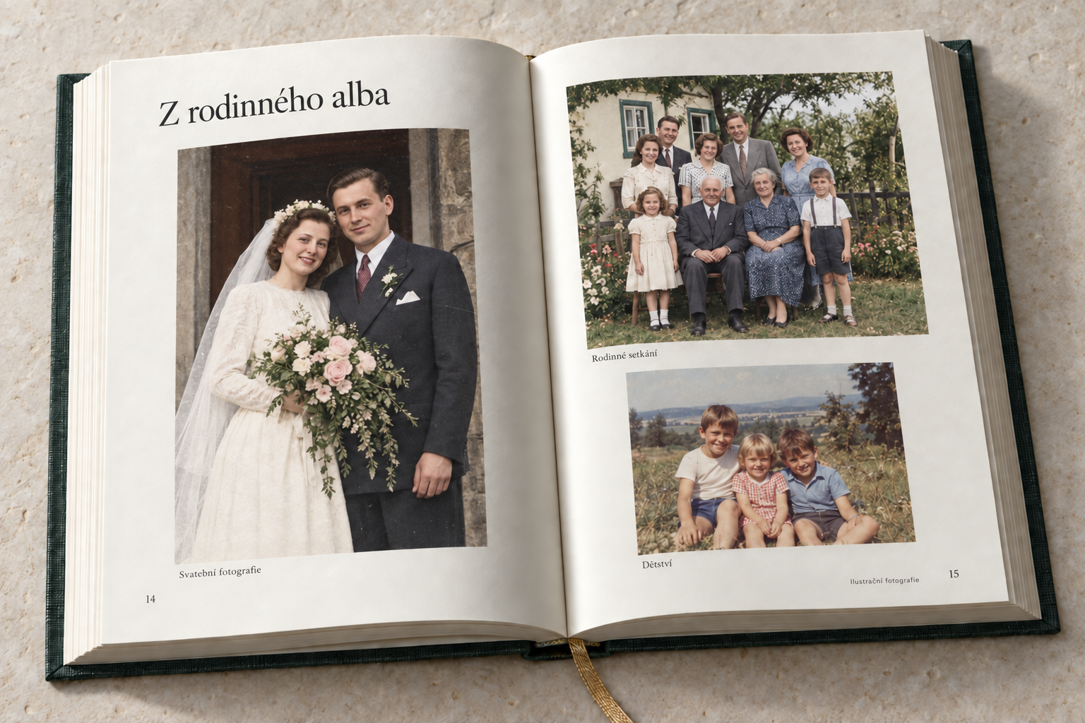Stejná ilustrační dvojstrana s barevnou úpravou svatební a rodinné fotografie.