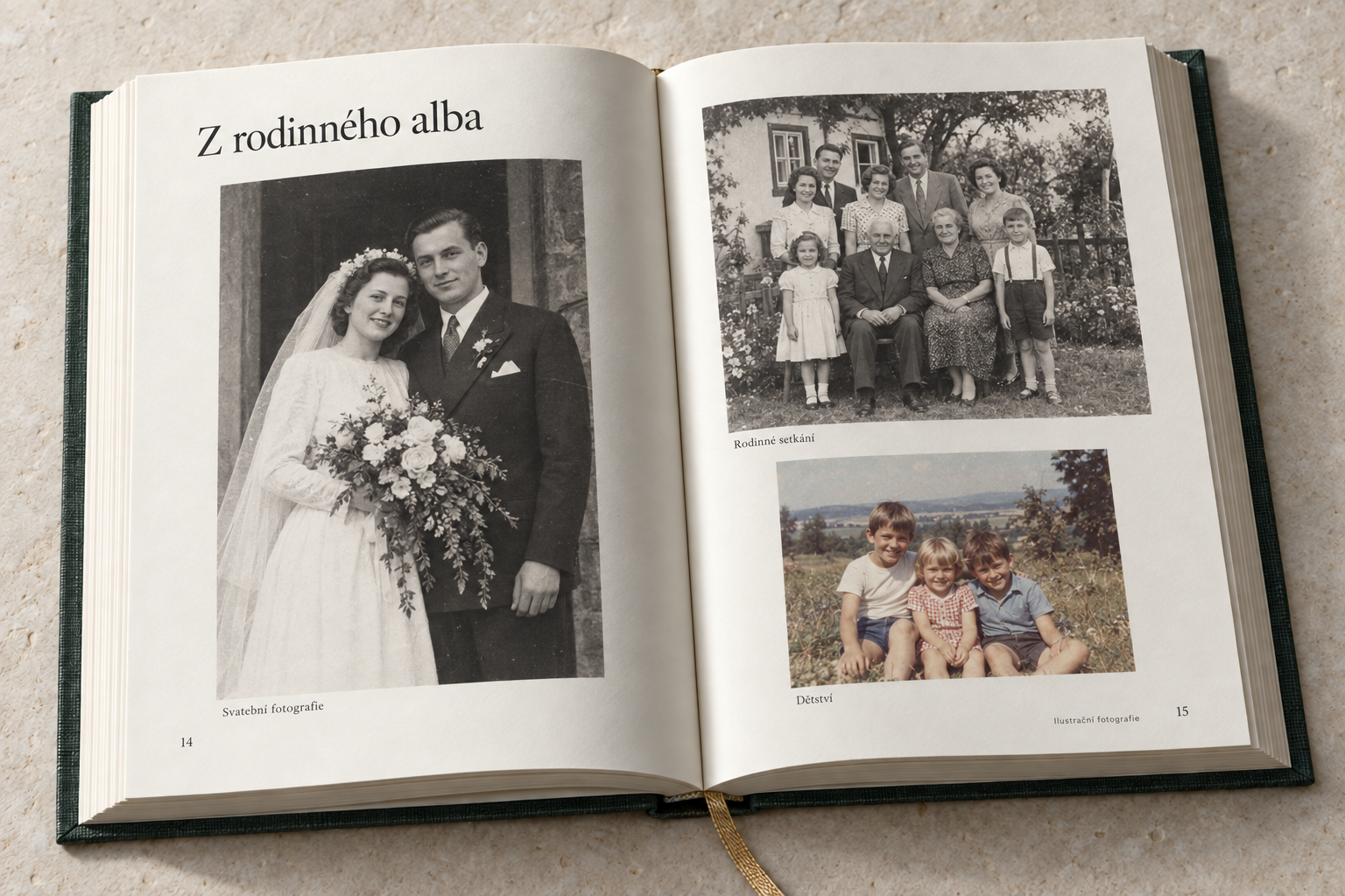 Dvojstrana ukazující uspořádání fotografií dodaných rodinou: ilustrační svatební portrét, rodinné setkání a fotografie z dětství.