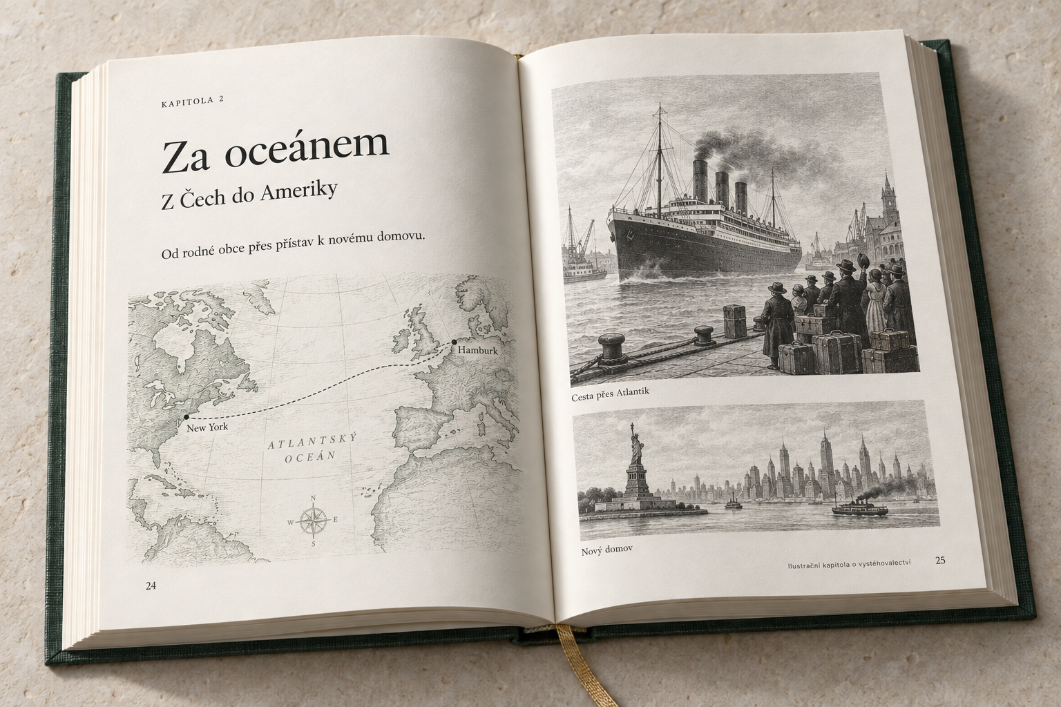 Ilustrační kapitola o odchodu do Ameriky: mapa cesty přes Atlantik, zaoceánský parník a newyorský přístav.