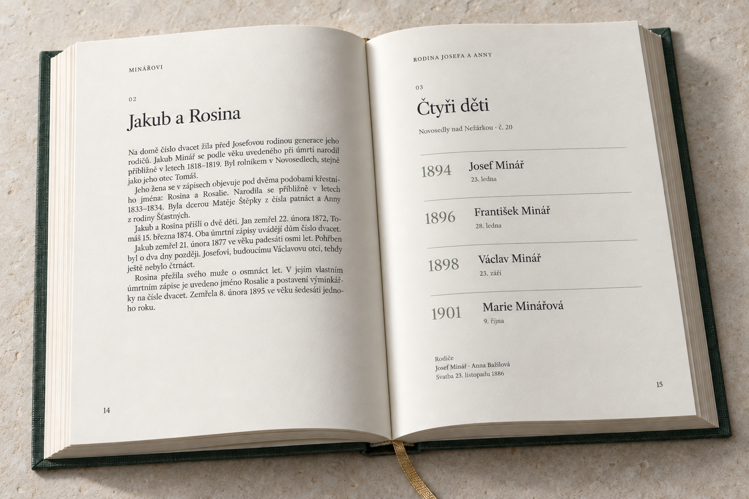 Stejná kniha otevřená u kapitol Jakub a Rosina a Čtyři děti Josefa a Anny.