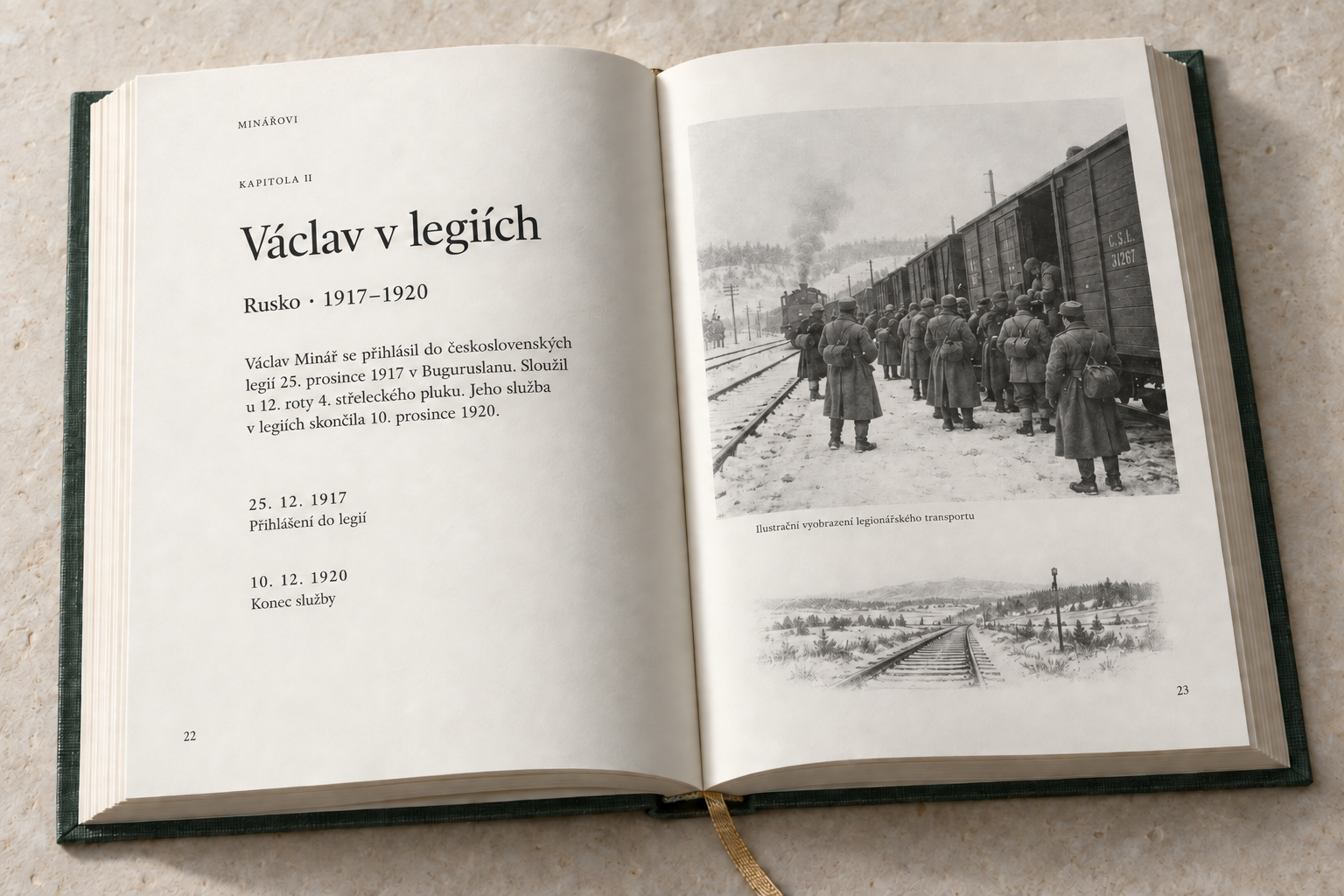 Otevřená kniha u doložené služby Václava Mináře v ruských legiích, doplněná ilustrací vojenského železničního transportu.
