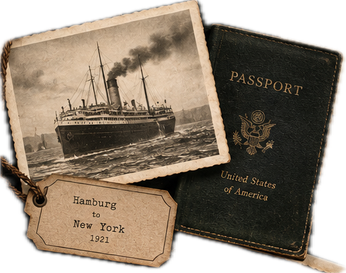 Vizualizace cestovních památek: fotografie parníku, pas a visačka Hamburg–New York.