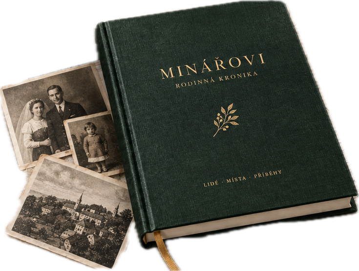 Zelená rodinná kronika Minářových se zlatou ražbou a rodinnými fotografiemi.