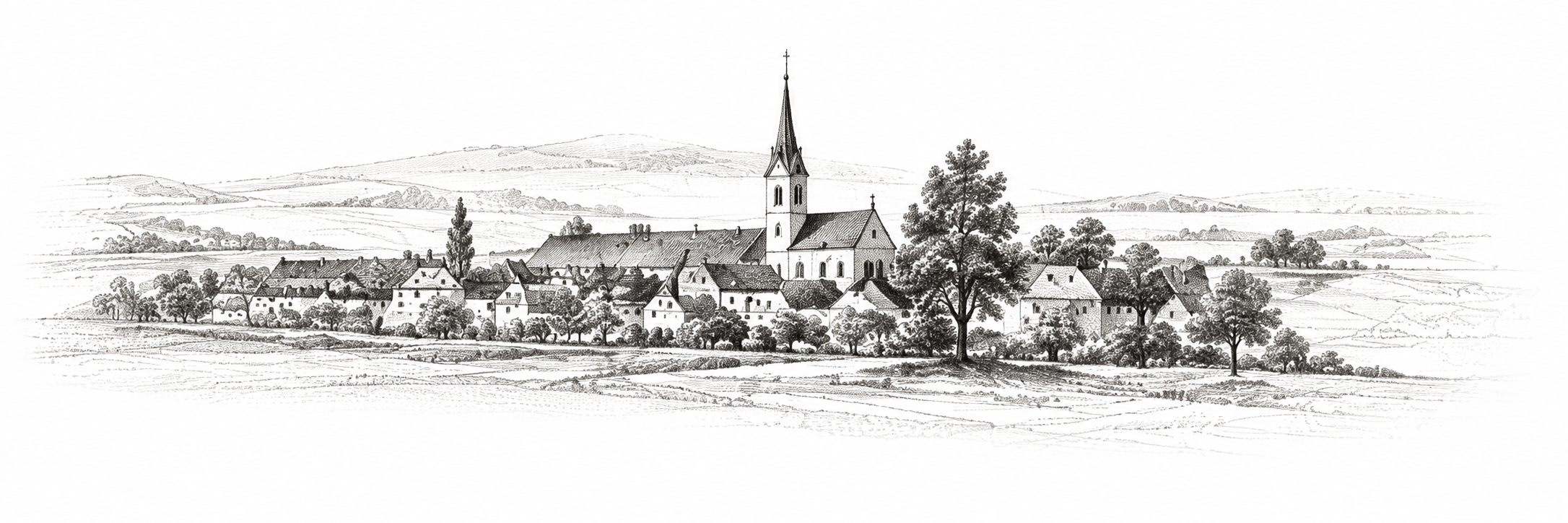 Jemná rytinová ilustrace venkovské krajiny